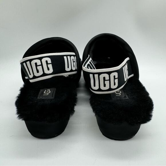 UGG Puff Yeah Slingback Wedge Slide Sandal Lounge Slipper Fuzzy Satin Black Sz 7 - Picture 8 of 12